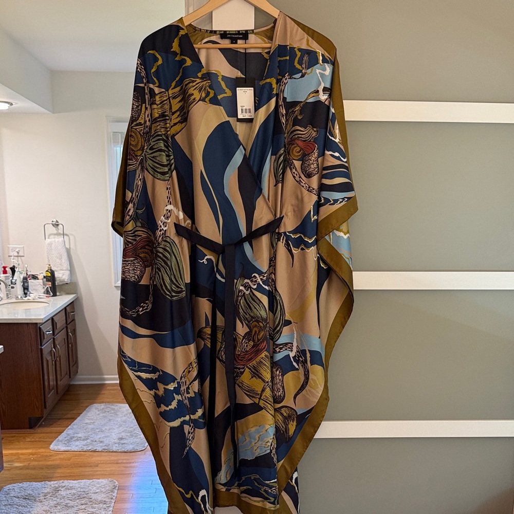 Jim Thompson 100% Silk Wrap Kaftan Dress Navy/Multicolor Kimono one size